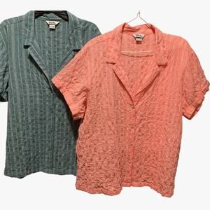 EDDIE BAUER 2 Bundle Blouse Short Sleeve Crinkle Textured Buttonup Pink/Sage XL